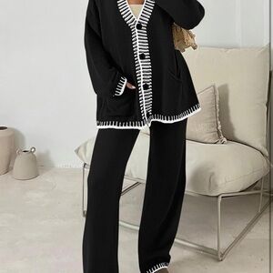 Black Contrast-Trim Jumpsuit & Cardigan Set